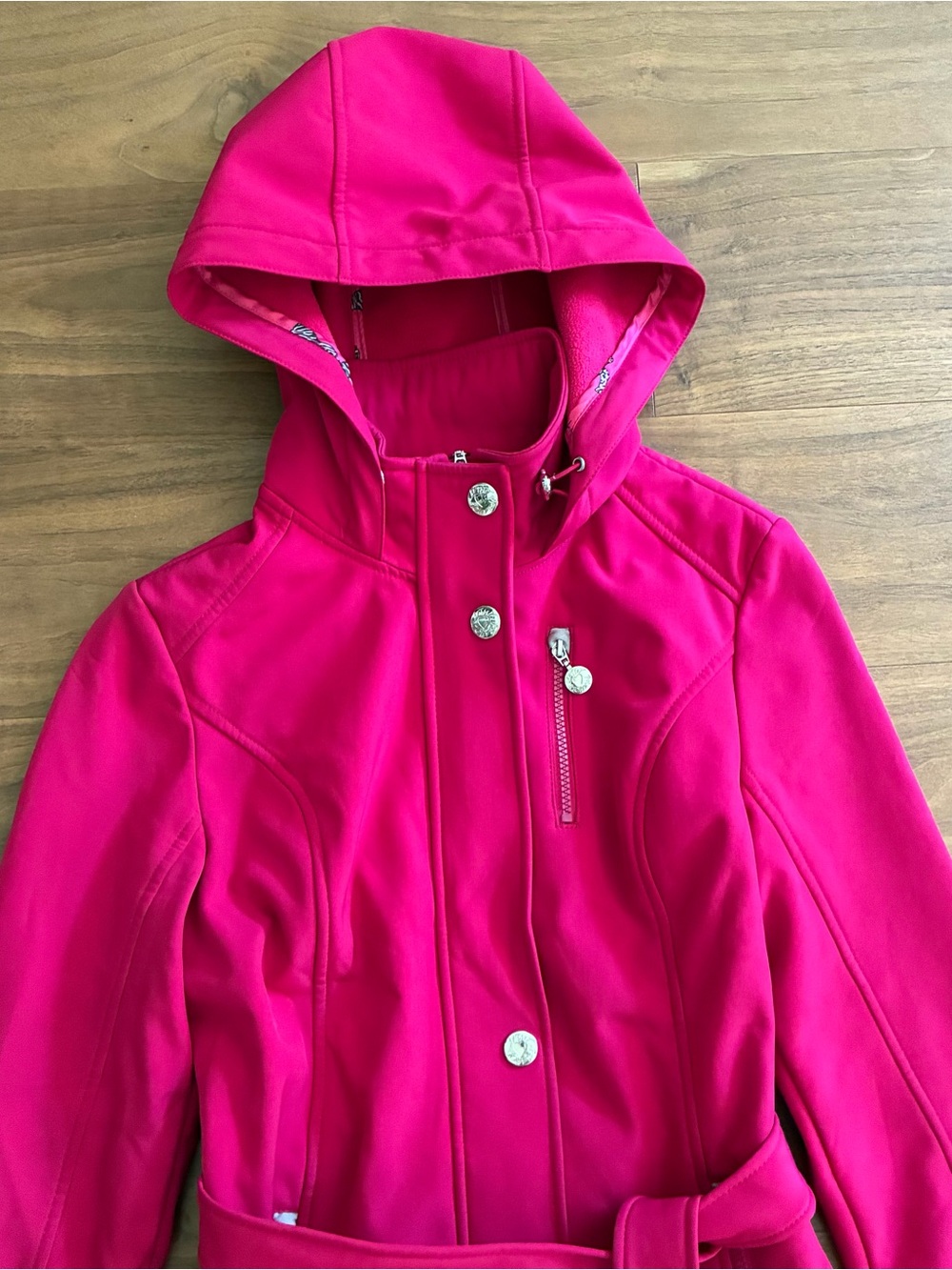 Betsey Johnson Belted Hooded Soft Shell Coat Pink Medium - Picture 4 of 10